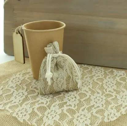 Dernière Chance Bourse a dragees Bord jute et dentelle x 5 pièces