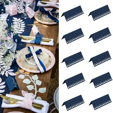 Certifié Marque place carton avec petits coeurs Bleu marine x 10 pièces