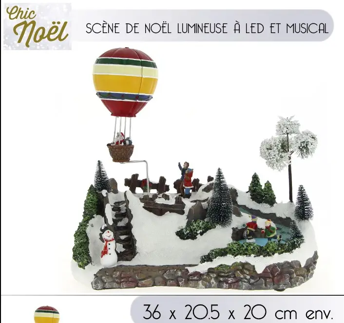 Dernier Modèle Village scene de noel lumineuse et musical avec montgolfiere