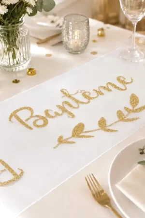 Chemin de table organza Baptême paillettes Or Livraison Express