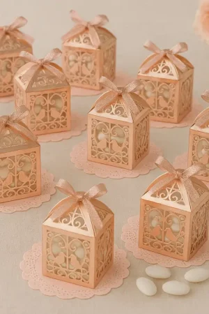 Promotion Saisonnière Lot de 10 Boites a dragees Rose gold coeurs et colombes