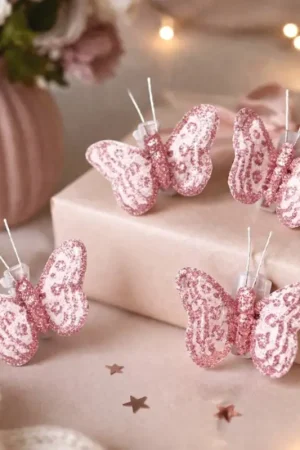 4 Papillons sur pince Rose gold pailleté Bon Marché