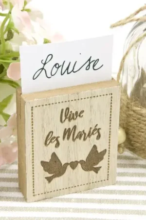 Marque en place bois Vive les Mariés avec colombes x 2 Prix Choc