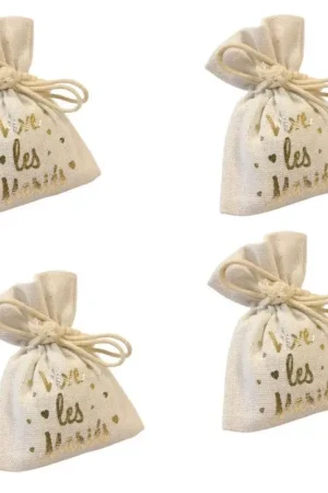Promotion Sac a dragees coton vive les mariés Or x 4