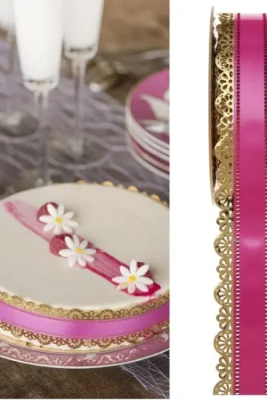 Certifié Ruban charlotte dentelle Fuchsia 50mm x 20 mètres