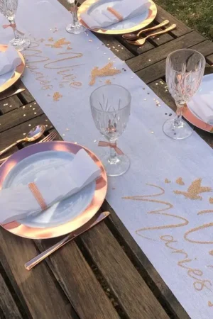 Haute Qualité Chemin de table lin Blanc Vive les Mariés Rose gold