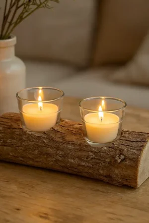 Authentique Bougeoir double rondin de bois avec 2 photophores