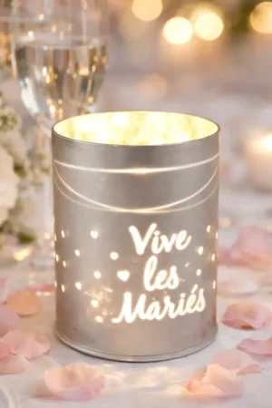 Photophore LED Argent Vive les Mariés avec Coeur Marque