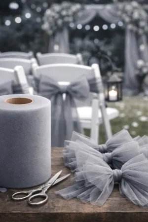 Prix Réduit Tulle Gris 20cm x 100m pour 40 noeuds de chaise