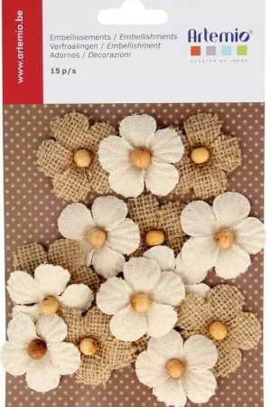Retour Gratuit Fleur en toile de jute avec perle x 15