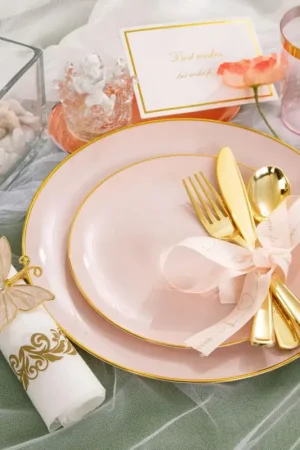 Satisfait Ou Remboursé Lot de 16 Assiettes plastique réutilisables Gourmet Rose