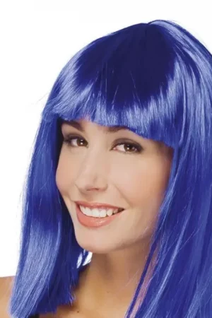 Acheter Direct Perruque Mi-Longue avec Frange Bleu