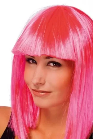 Paiement Sécurisé Perruque Mi-Longue avec Frange Rose Fluo