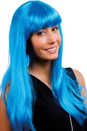 Perruque Longue & Raide avec Frange Turquoise Populaire