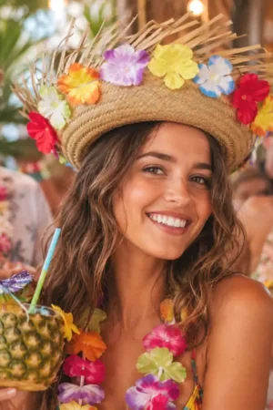 Quantité Limitée Chapeau Paille Hawaïen Beige Avec Fleurs