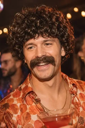 Perruque Courte Frisée Brun avec Moustache Remise