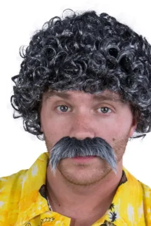 Petit Prix Perruque Courte Frisée Gris avec Moustache