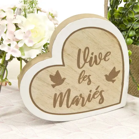 Centre de Table Coeur Vive les Mariés Naturel Prix Promo