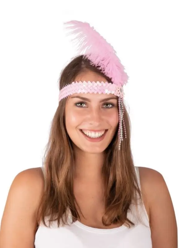 Expédié Aujourd'hui Bandeau Charleston à Sequins Grande Plume Rose Pâle
