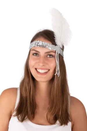 Meilleure Vente Bandeau Charleston à Sequins Grande Plume Argent