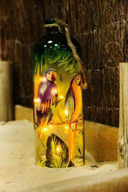 Lanterne en verre theme Tropicale avec corde et 10 LEDS Petit Prix