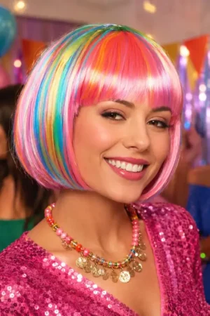 Dernier Modèle Perruque Gigi Bob Fuchsia Turquoise Jaune