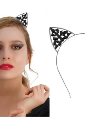 Serre-Tête Métal Chat Strass Noir Offre Exclusive