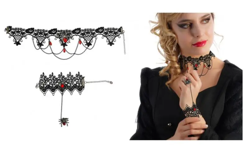 Authentique Set Tour de Cou Bracelet avec Bague Araignée Noir et Rouge