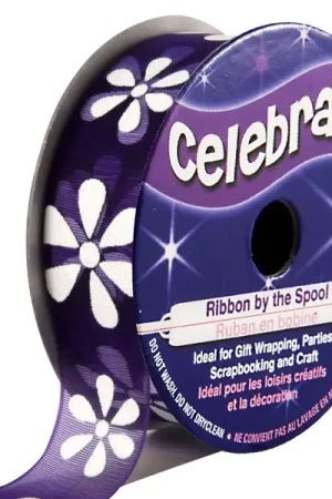 Seulement Aujourd'hui Ruban en bobine Organza Violet imprimé fleur blanche