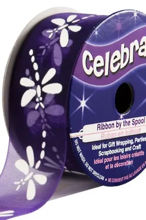 Ruban en bobine Organza Violet imprimé Papillon blanc Solde