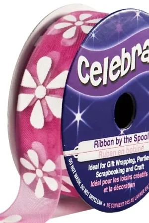 Satisfait Ou Remboursé Ruban en bobine Organza Fuchsia imprimé fleur blanche