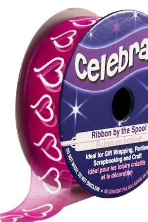 Haute Qualité Ruban en bobine Organza Fuchsia imprimé cœur blanc