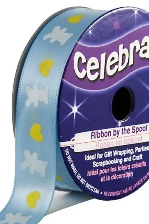 Jusqu'à Épuisement Des Stocks Ruban en bobine Satin Bleu imprimé coeur jaune