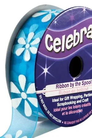 Promotion Ruban en bobine Organza Bleu imprimé fleur blanche