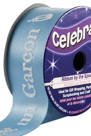 Ruban en bobine Satin Bleu imprimé blanc c'est un garcon Prix Cassé