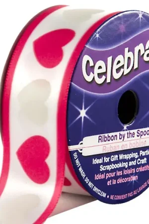 Ruban en bobine Satin Blanc imprimé cœur et liseré rose Expédition Rapide