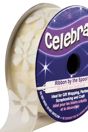 Meilleur Choix Ruban en bobine Organza Ivoire imprimé fleur blanche