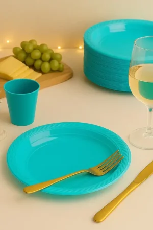 Acheter En Ligne Assiette en plastique ronde Turquoise 22 cm x 20 pièces
