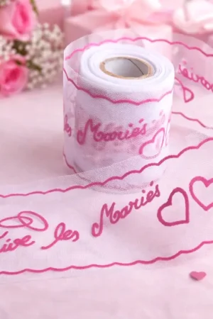 Usine Directe Rouleau de tulle floqué vive les mariés Fuschia