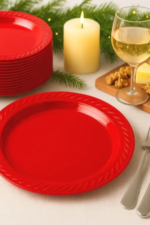 Promotion Assiette en plastique ronde rouge 22 cm x 20 pièces