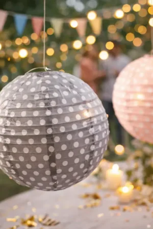 Boule en papier lampion Grise à Pois Blanc 20 cm x 2 pièces Bon Marché