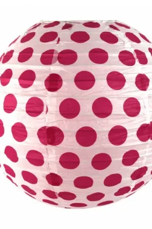 Boule en papier lampion Blanche à pois Fuchsia 35 cm Authentique