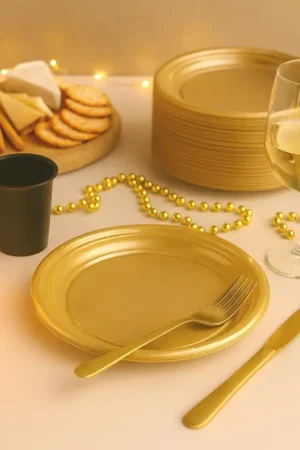 Assiette plastique ronde Or réutilisable 22 cm x 20 pièces Satisfait Ou Remboursé