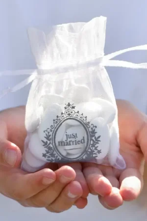Commande En Gros Sac dragées organza Just Married Blanc x10 pièces