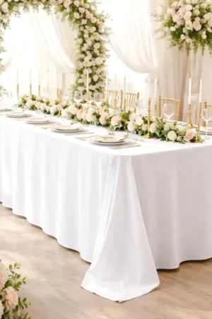 Nappe rectangulaire blanche 180x300cm en tissu 100% Polyester Offre Spéciale