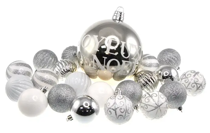 Boule de Noel Blanc et Argent Joyeux Noel x 21 pièces Prix Réduit