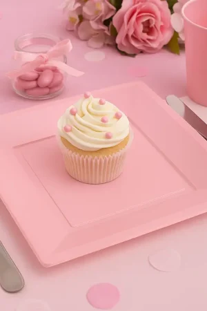 Assiette carrée plastique rose claire réutilisable 18cm x12 pièces Offre Spéciale