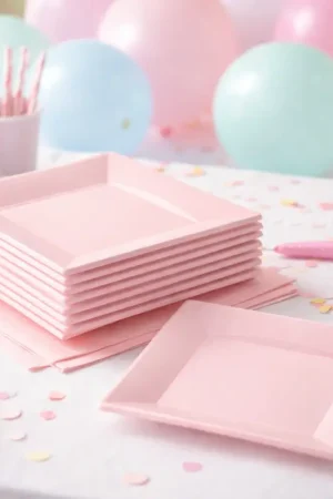 Achat Immédiat Assiette plastique carrée rose claire réutilisable 23 cm x 12 pièces