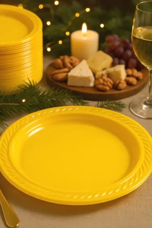 Assiette en plastique ronde réutilisable Jaune 22cm x 20 pièces Meilleur Choix