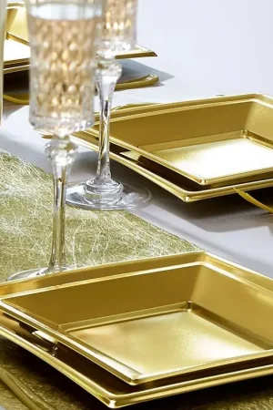 Assiette carrée plastique Chrome Or 23cm x 8 pièces Nouveauté